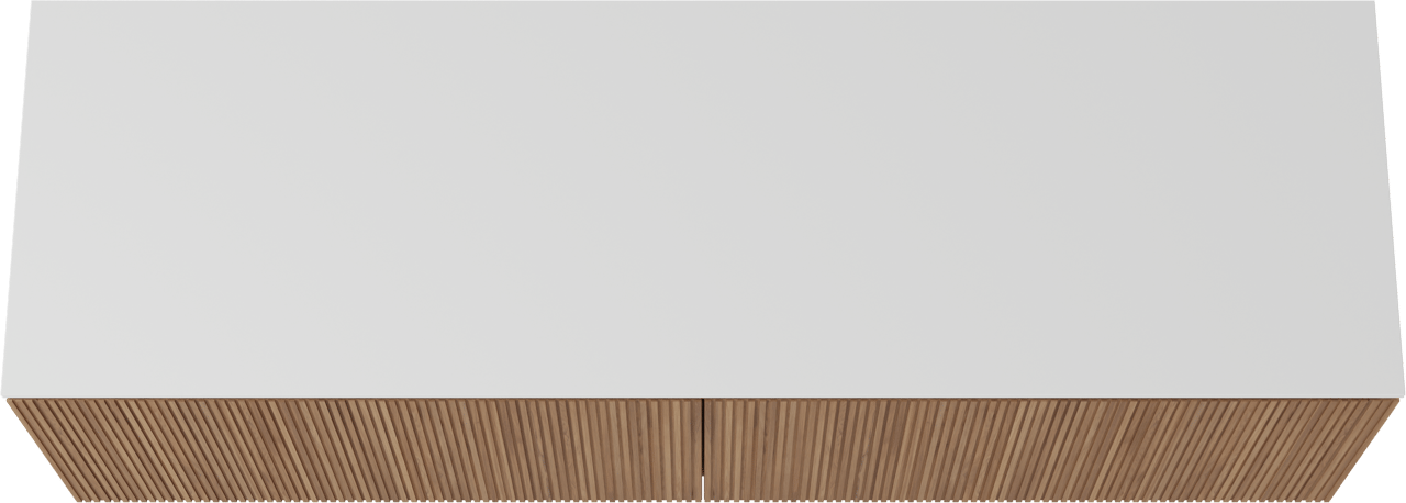 Balmani Eclips meuble salle de bains suspendu 180 x 55 cm Teck avec Stretto tablette simple ou double vasque en Solid Surface blanc mat, Nervure droite symétrique verticale