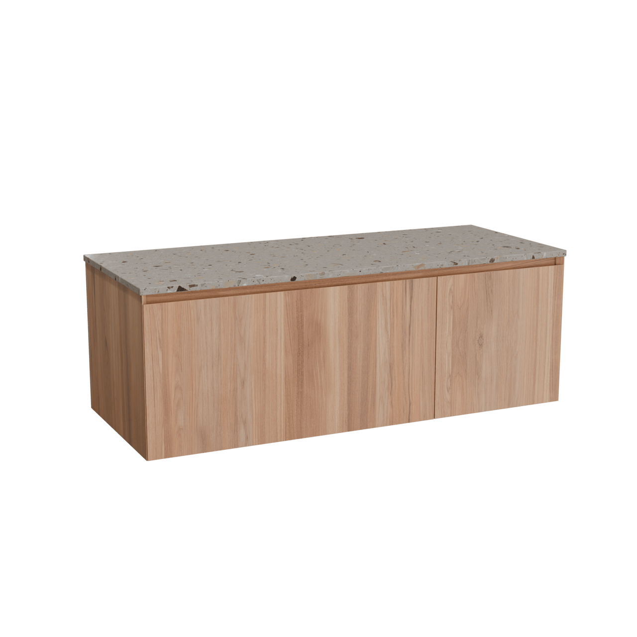 Balmani Idra zwevend badkamermeubel 135 x 55 cm teak met Stretto enkel of dubbel tablet in terrazzo greige terrazzo