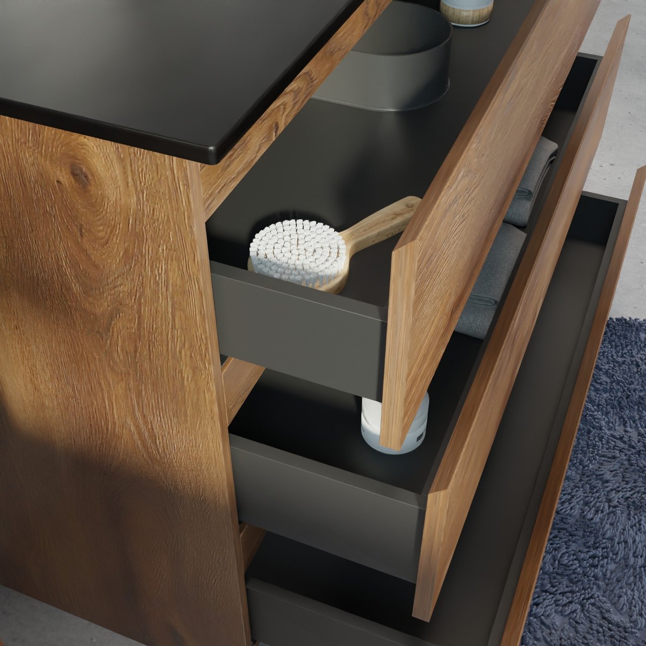 Linie Lado freistehendes Möbelstück Set: 80 x 46 cm, Braune Eiche, mit Baro Einzelwaschtisch, Porzellan Schwarz matt