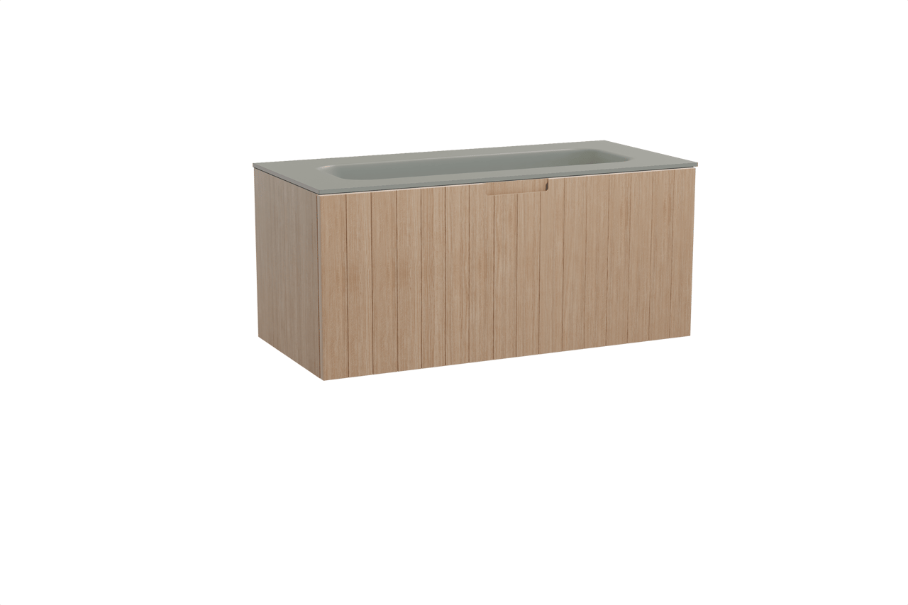 Balmani Adagio zwevend badmeubel 120 x 55 cm verweerd eiken met Tablo Arcato enkele wastafel voor 2 kraangaten in solid surface steengrijs