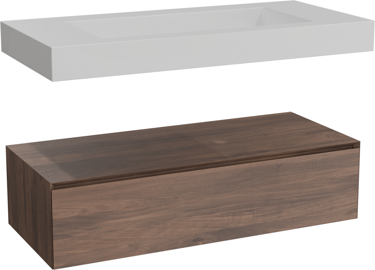 Balmani Mitra Elements zwevend badkamermeubel 120 x 55 cm Amerikaanse notelaar met Modus enkele wastafel voor 2 kraangaten in solid surface mat wit