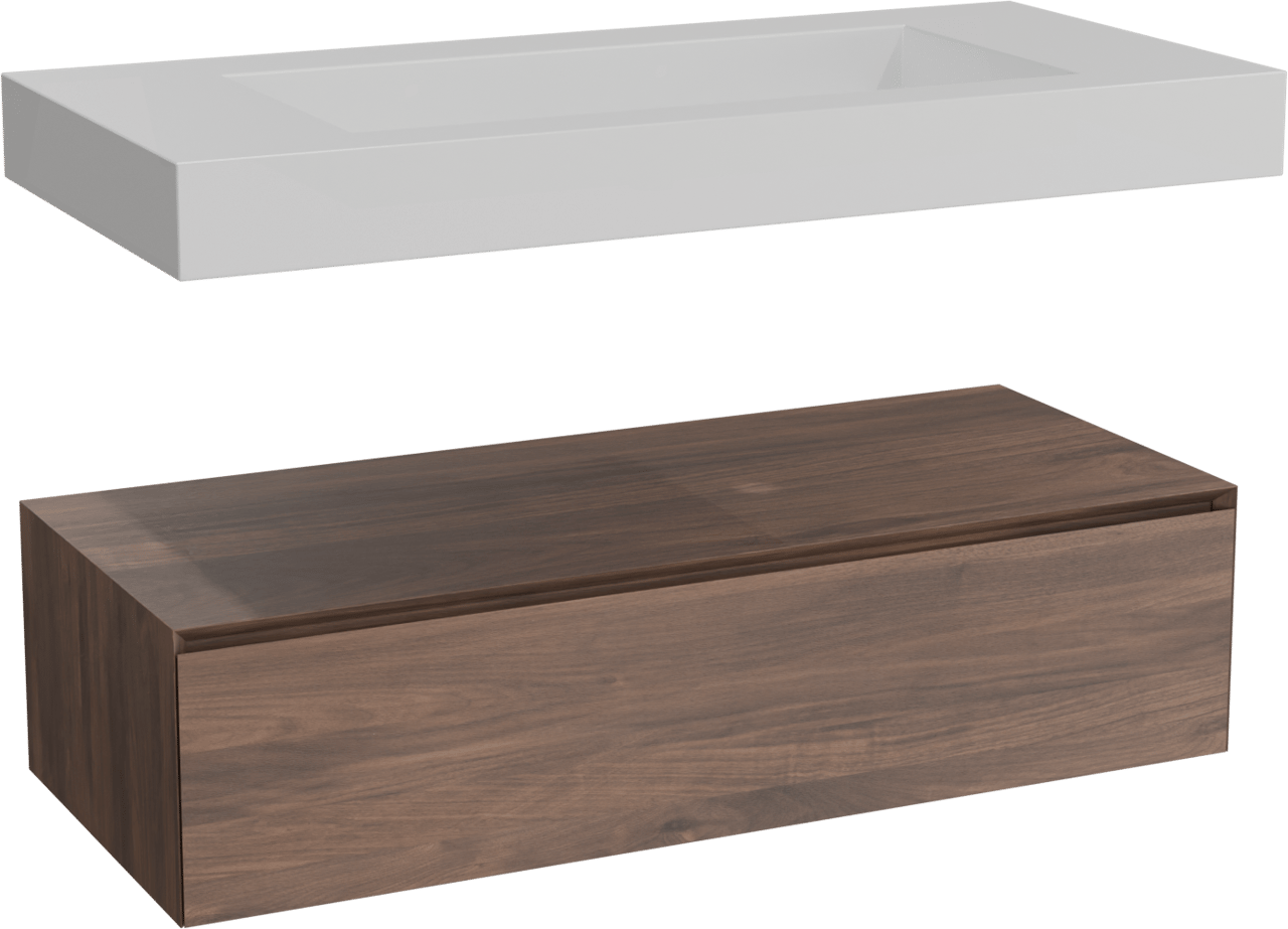 Balmani Mitra Elements hängendes Möbelstück Set: 120 x 55 cm, Amerikanischer Nussbaum mit Modus Einzelwaschtisch für 2 Armaturenlöcher, Solid Surface Weiß matt