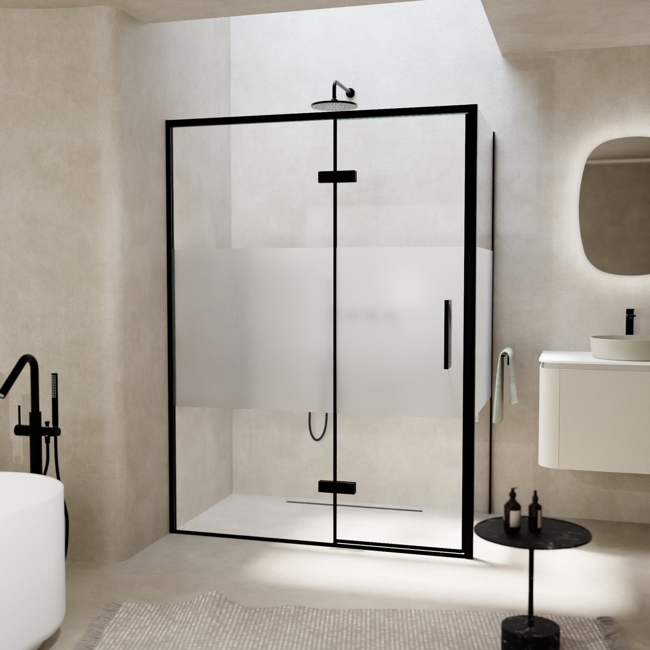 Balmani Senses Design douche en coin avec porte pivotante à gauche et paroi latérale fixe, 140 x 90 cm, Verre transparent avec bande matte, Profil noir
