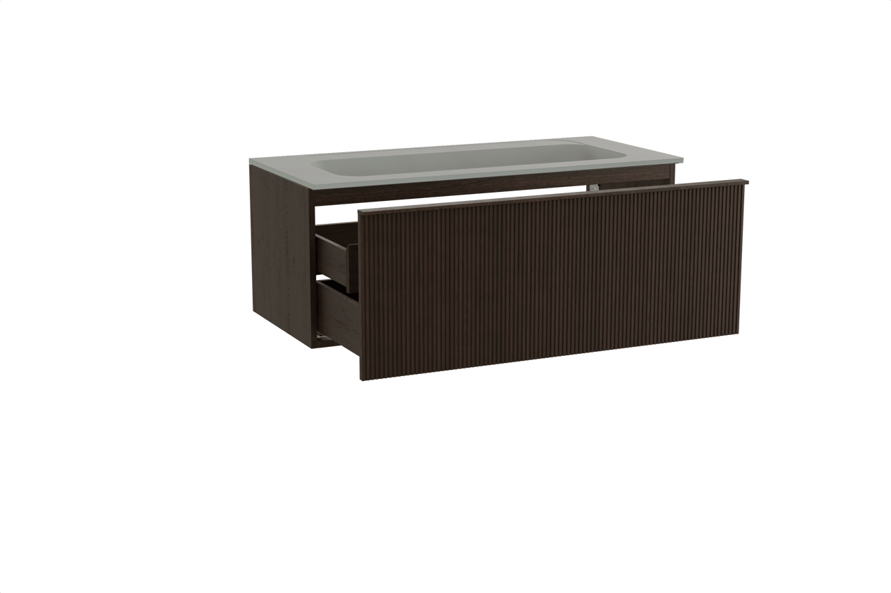 Balmani Forma zwevend badkamermeubel 120 x 55 cm gerookte eik met Tablo Strada enkele wastafel voor 2 kraangaten in composietmarmer zijdegrijs, Verticale symmetrische rechte ribbel