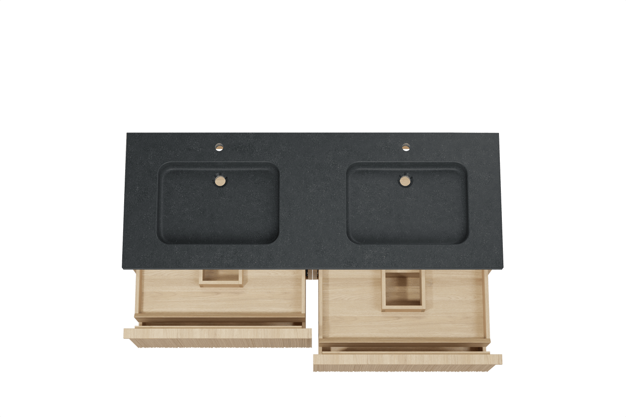 Balmani Forma meuble salle de bains suspendu 150 x 55 cm chêne naturel avec Napoli double vasque en granit noir, Nervure circulaire asymétrique verticale