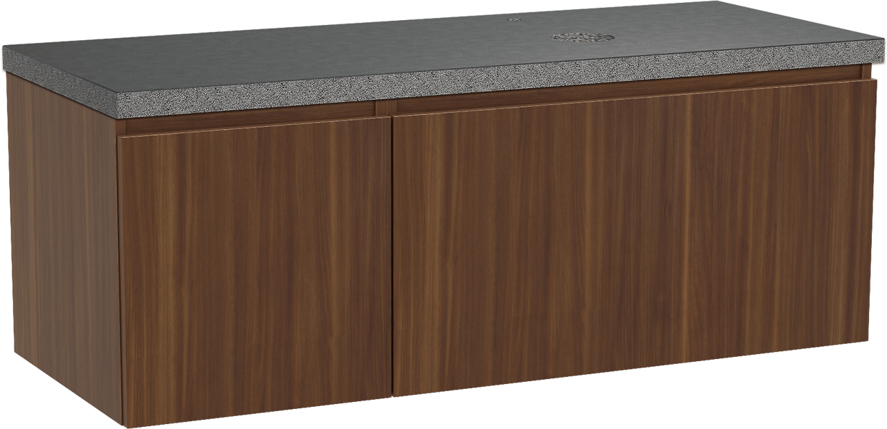 Balmani Sfera hängendes Möbelstück Set: 135 x 55 cm, Amerikanischer Nussbaum, mit Rock Waschtisch rechts, Schwarzes Granit