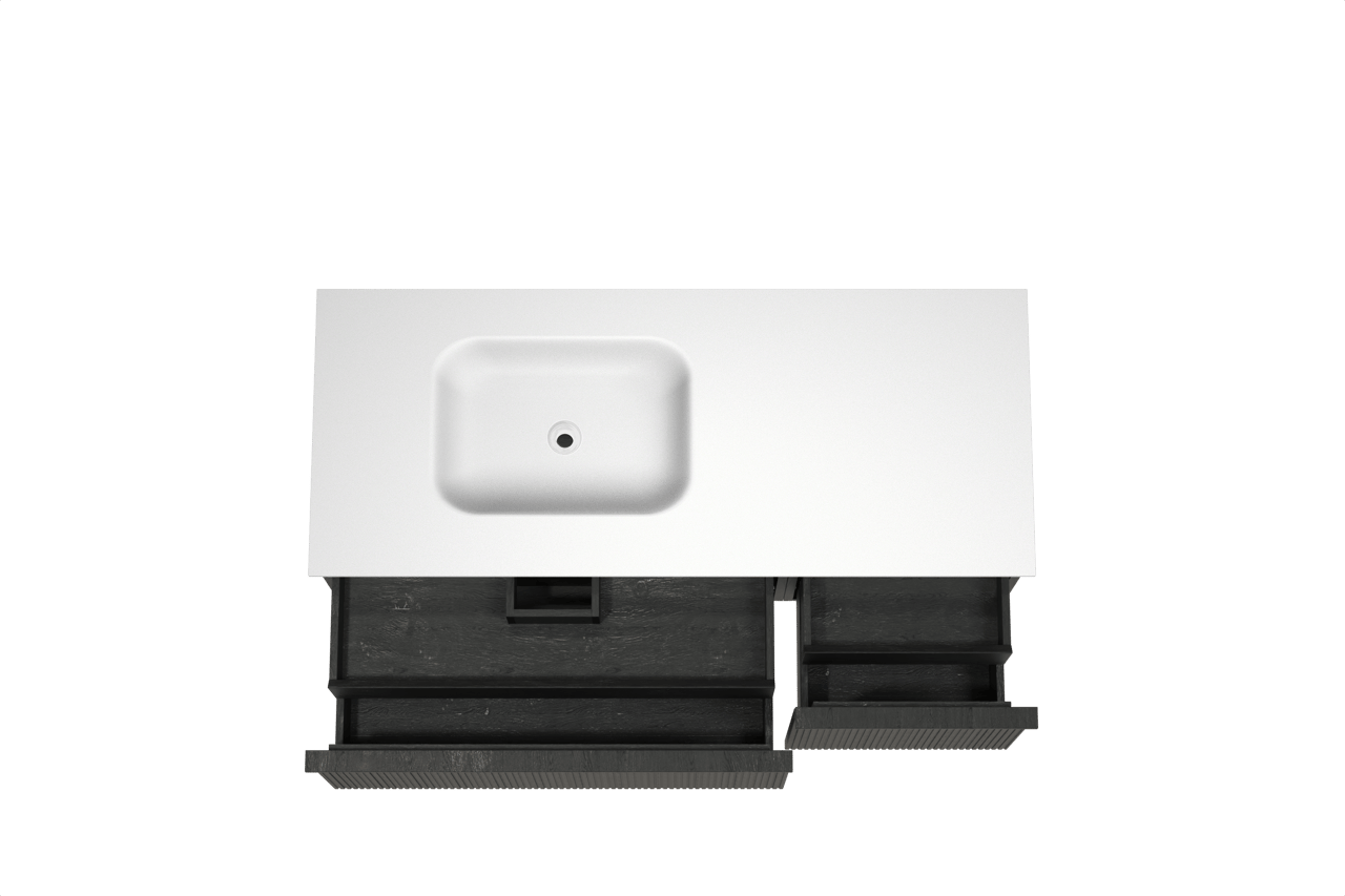 Balmani Forma hängendes Möbelstück Set: 135 x 55 cm, Schwarze Eiche, mit Tablo Arcato Waschtisch links, Solid Surface, Weiß matt, Vertikale symmetrische gerade Rippe
