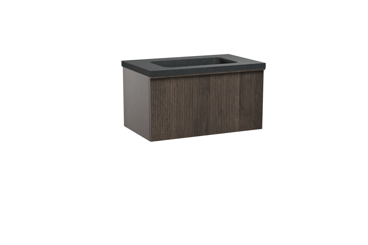 Balmani Forma zwevend badkamermeubel 90 x 55 cm gerookte eik met Napoli enkele wastafel in graniet zwart, Verticale symmetrische rechte ribbel