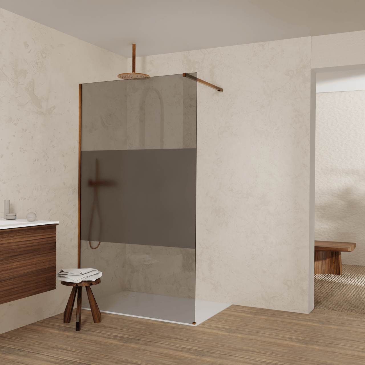 Balmani Modular Walk-In Dusche: 120 x 200 cm, Rauchglas mit mattiertem Streifen, inklusive Coating, Profil Brushed Rosegold