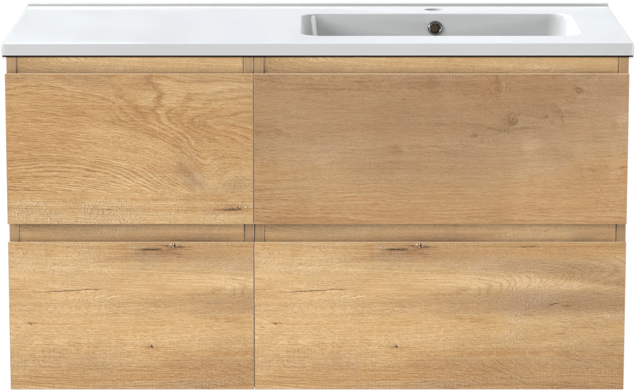 Linie Lado meuble salle de bains suspendu 100 x 46 cm chêne naturel avec Vano vasque asymétrique droite en marbre composite blanc brillant