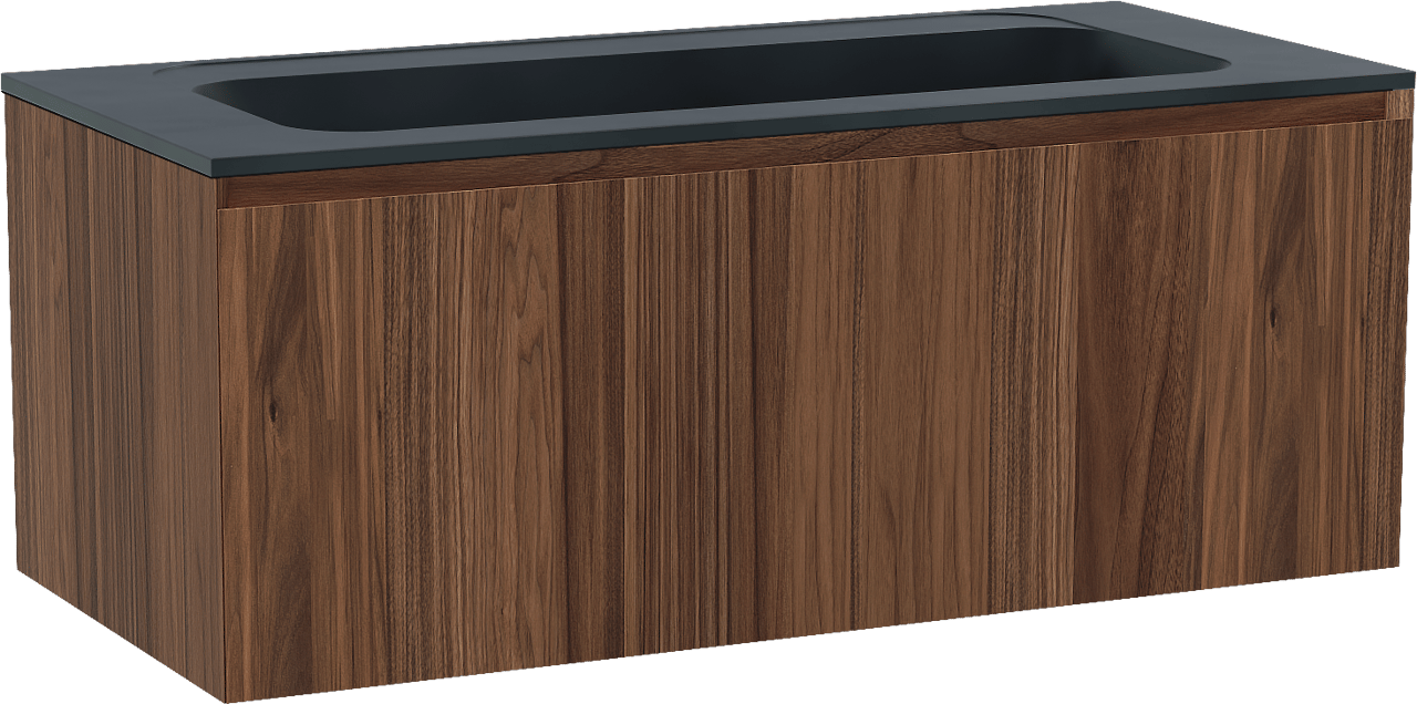 Balmani Idra meuble salle de bains suspendu 120 x 55 cm noyer avec Tablo Strada plan simple pour 2 trous de robinet en marbre composite noir mat