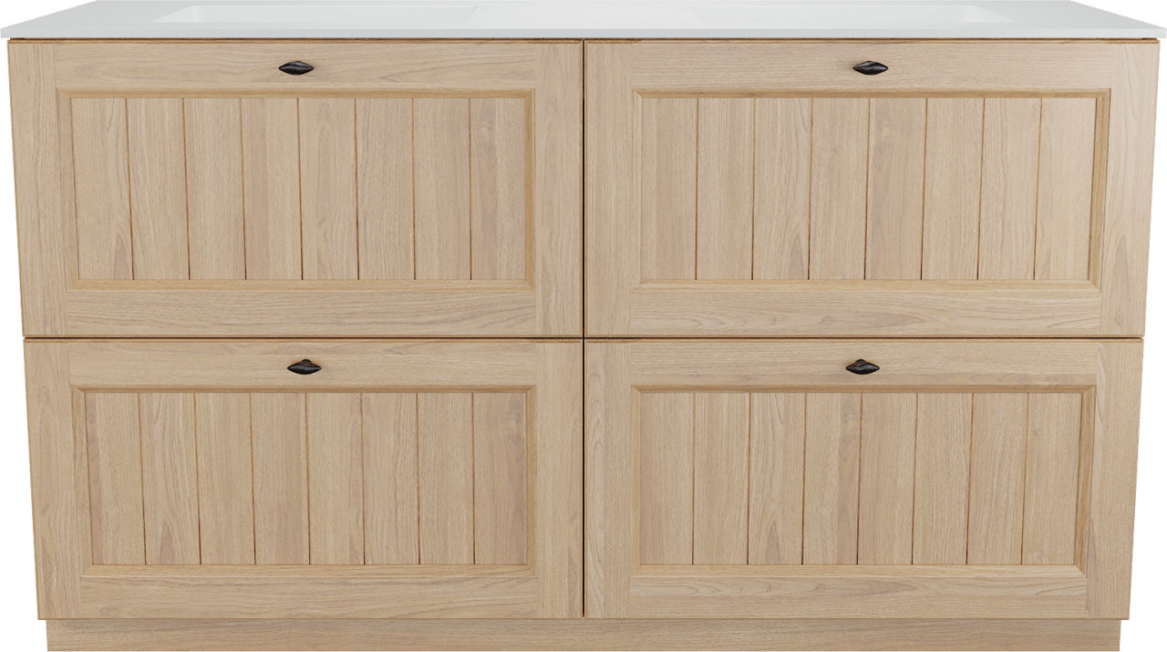 Balmani Lemon freistehendes Möbelstück Set: 150 x 55 cm, Naturbelassene Eiche Furnier, mit Tablo Stretto Doppelwaschtisch, Weiß matt