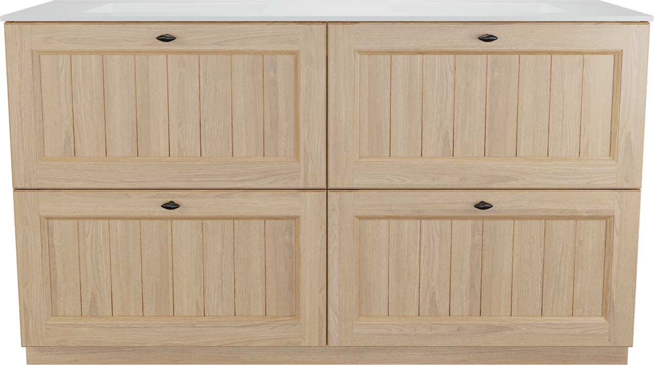 Balmani Lemon staand badkamermeubel 150 x 55 cm, fineer natuur eik met Tablo Stretto dubbele wastafel in mat wit