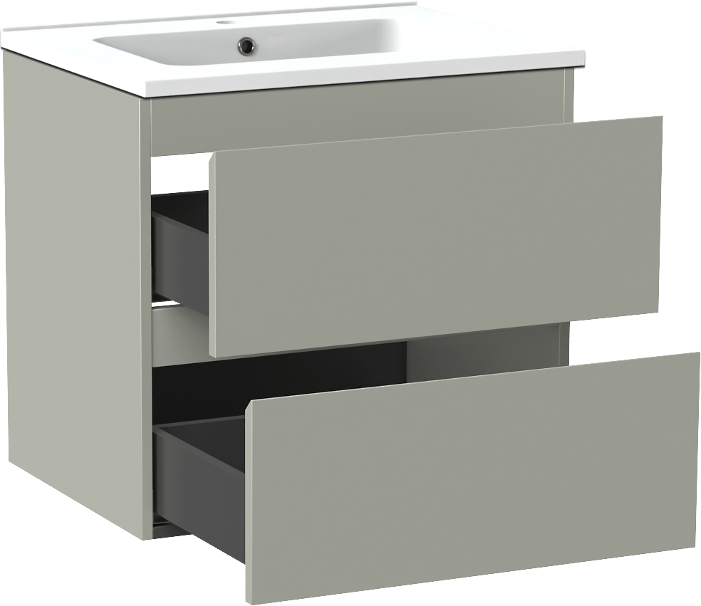 Linie Lado zwevend badmeubel 60 x 46 cm greige met Vano enkele wastafel in composietmarmer mat wit