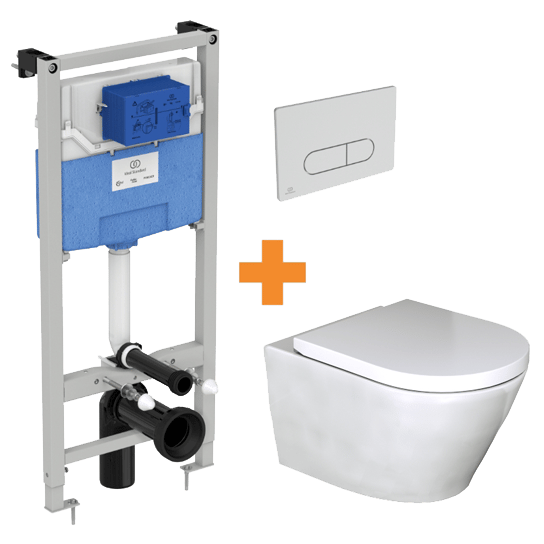 Luca Varess Calibro hangtoilet en medio wc-bril glanzend wit randloos met inbouwreservoir en gratis Ideal Standard Oleas M1 mat chroom bedieningspaneel