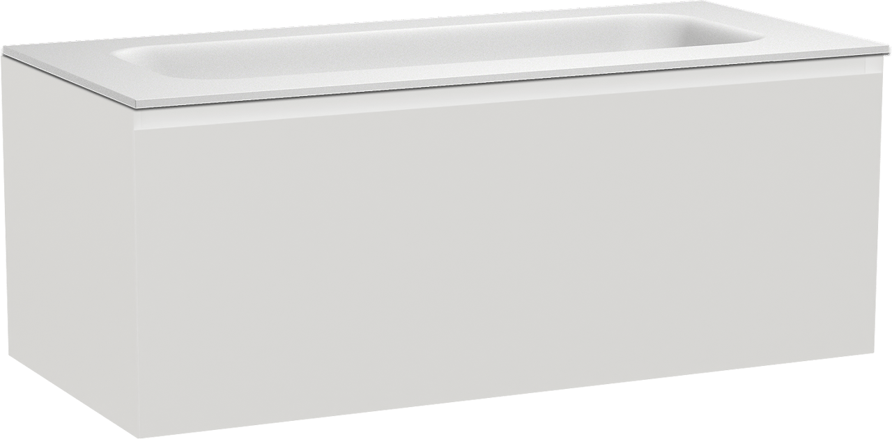 Balmani Idra zwevend badkamermeubel 120 x 55 cm mat wit met Tablo Arcato enkele wastafel voor 2 kraangaten in solid surface mat wit