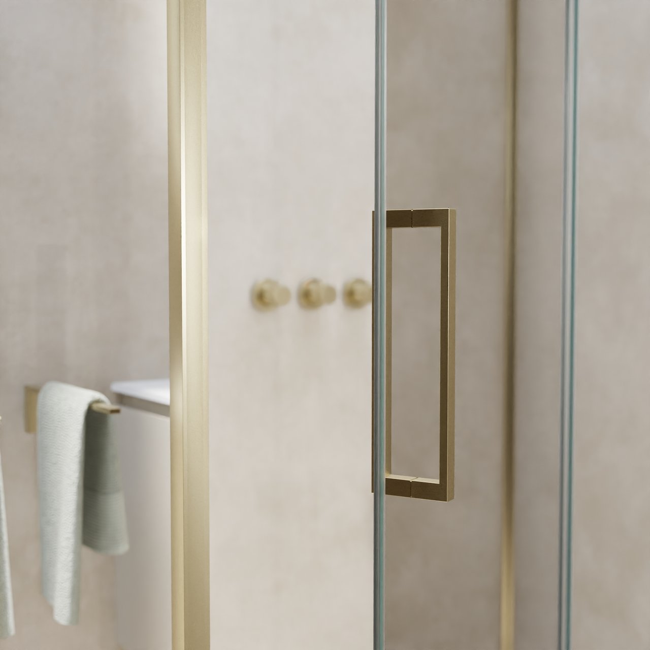 Balmani Senses Design douche en coin avec porte pivotante à droite et paroi latérale fixe, 140 x 100 cm, Verre transparent, Profil Brushed Champagne Gold, coating inclus, coating inclus