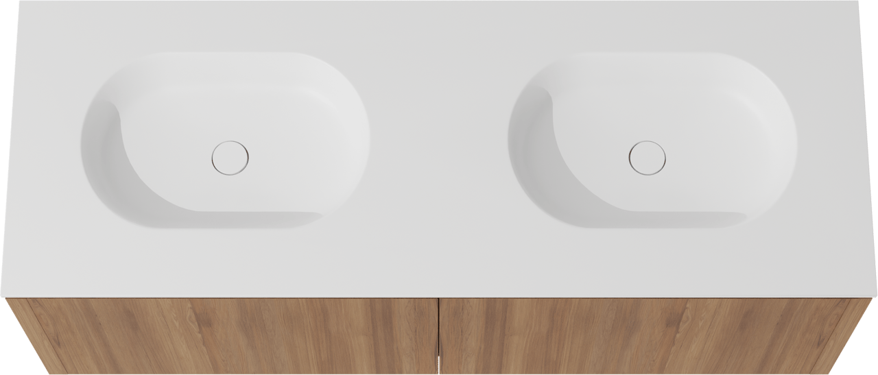 Balmani Eclips zwevend badkamermeubel 150 x 55 cm Teak met Tablo Oval dubbele wastafel in Solid Surface mat wit