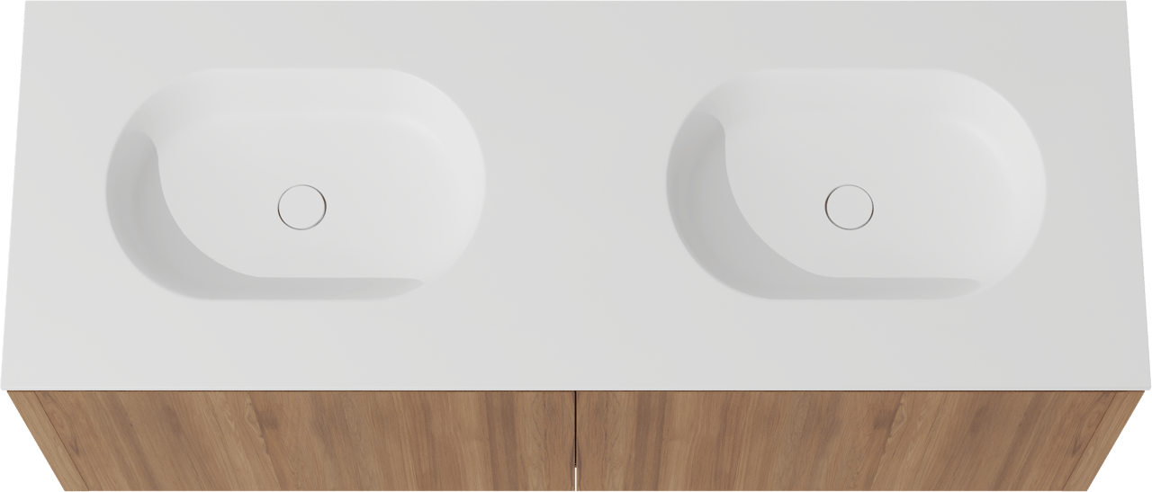 Balmani Eclips zwevend badkamermeubel 150 x 55 cm Teak met Tablo Oval dubbele wastafel in Solid Surface mat wit