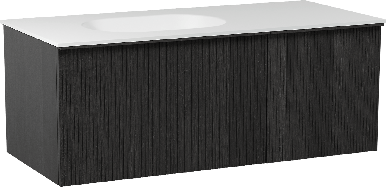 Balmani Forma hängendes Möbelstück Set: 120 x 55 cm, Schwarze Eiche, mit Tablo Oval Waschtisch links, Solid Surface, Weiß matt, Vertikale symmetrische gerade Rippe