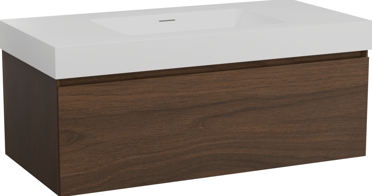 Storke Edge zwevend badkamermeubel 105 x 52 cm notelaar met Mata High enkele wastafel in solid surface mat wit