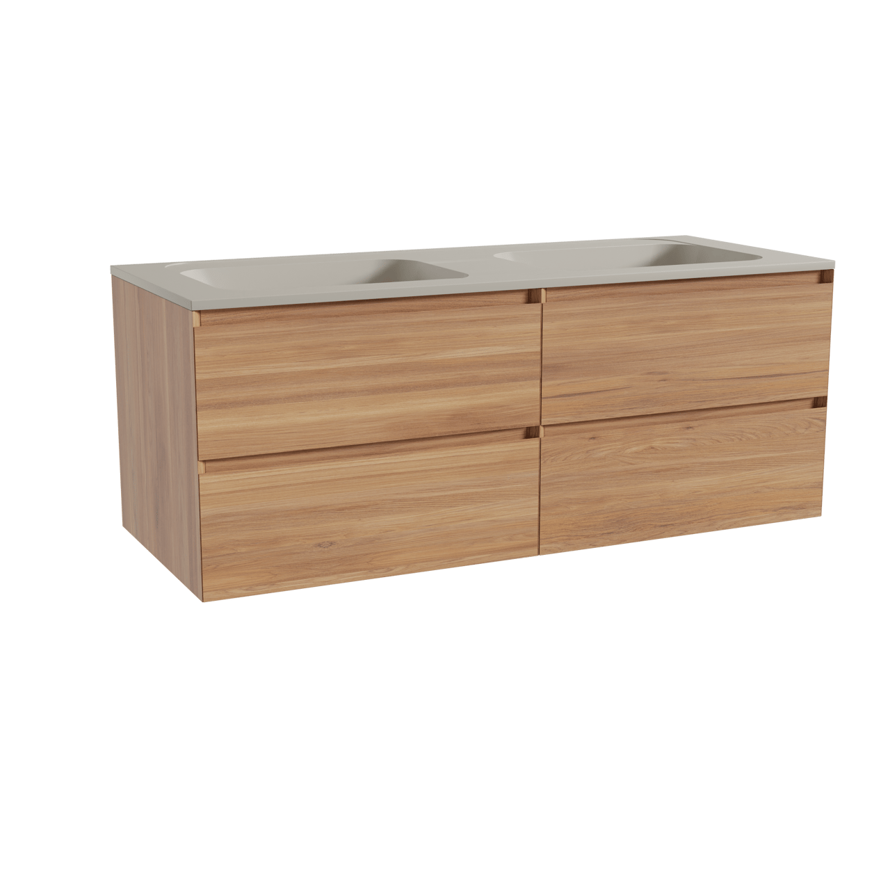 Balmani Mitra hängendes Möbelstück Set: 135 x 55 cm, Teak, mit Tablo Strada Doppelwaschtisch, Marmorkomposit Seidengrau