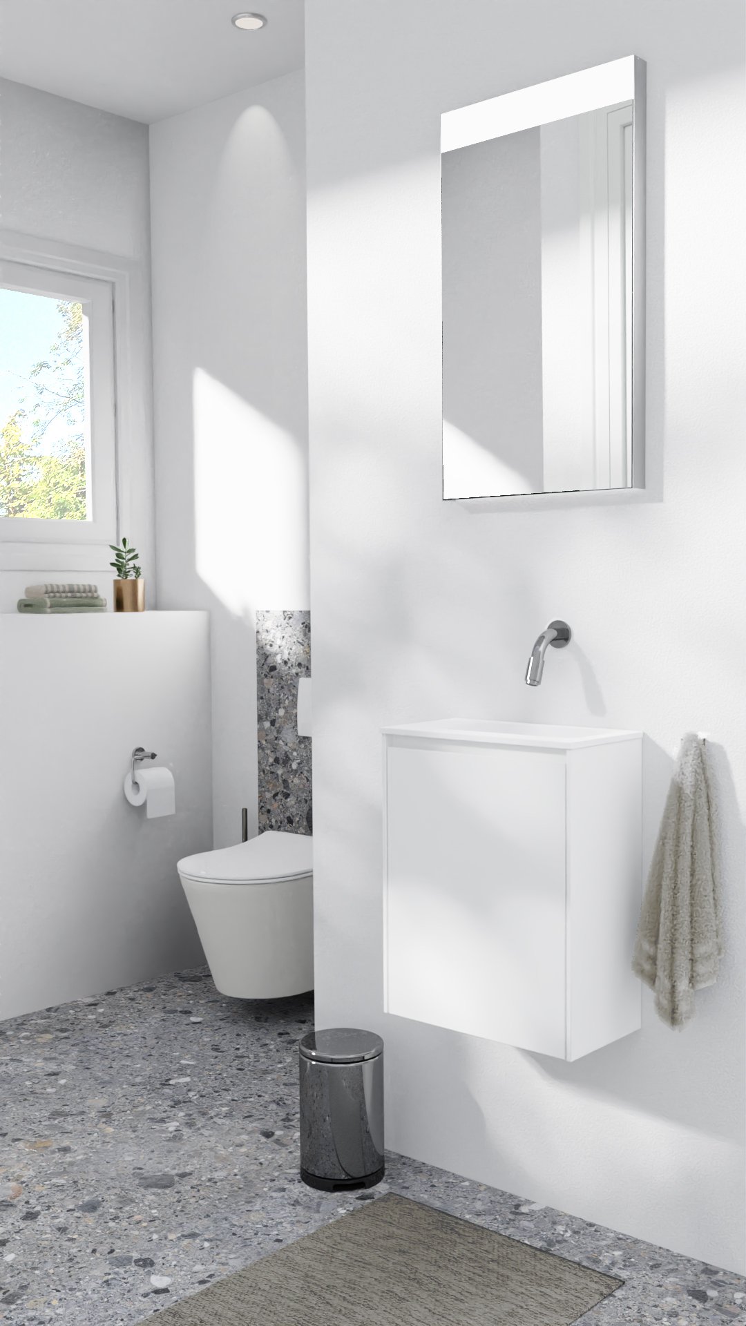 Storke Edge zwevend toiletmeubel 40 x 22 cm mat wit met Fina wastafel in matte Solid Surface