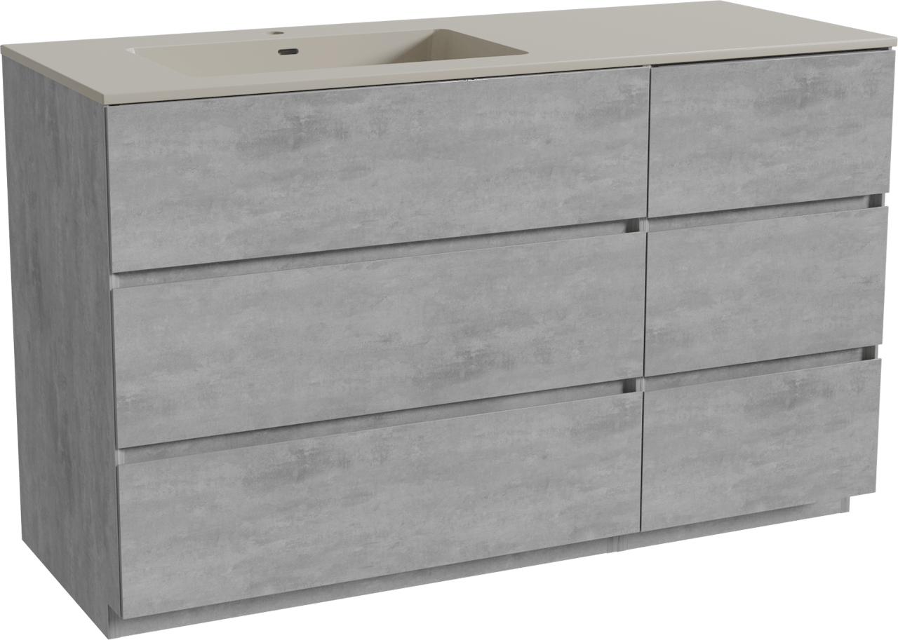 Storke Edge staand badmeubel 130 x 52 cm beton donkergrijs met Diva asymmetrisch linkse wastafel in top solid zijdegrijs