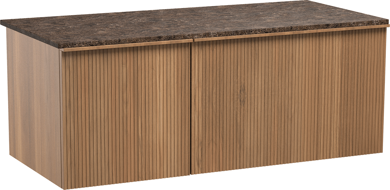 Balmani Forma zwevend badmeubel 120 x 55 cm teakhout met Stretto enkel of dubbel wastafelblad in marmer dark emperador, Verticale symmetrische rechte ribbel