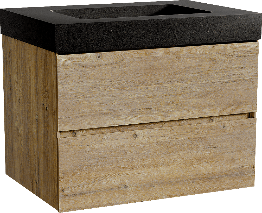 Storke Edge zwevend badmeubel 75 x 52 cm ruw eiken met Scuro High enkele wastafel in kwarts mat zwart