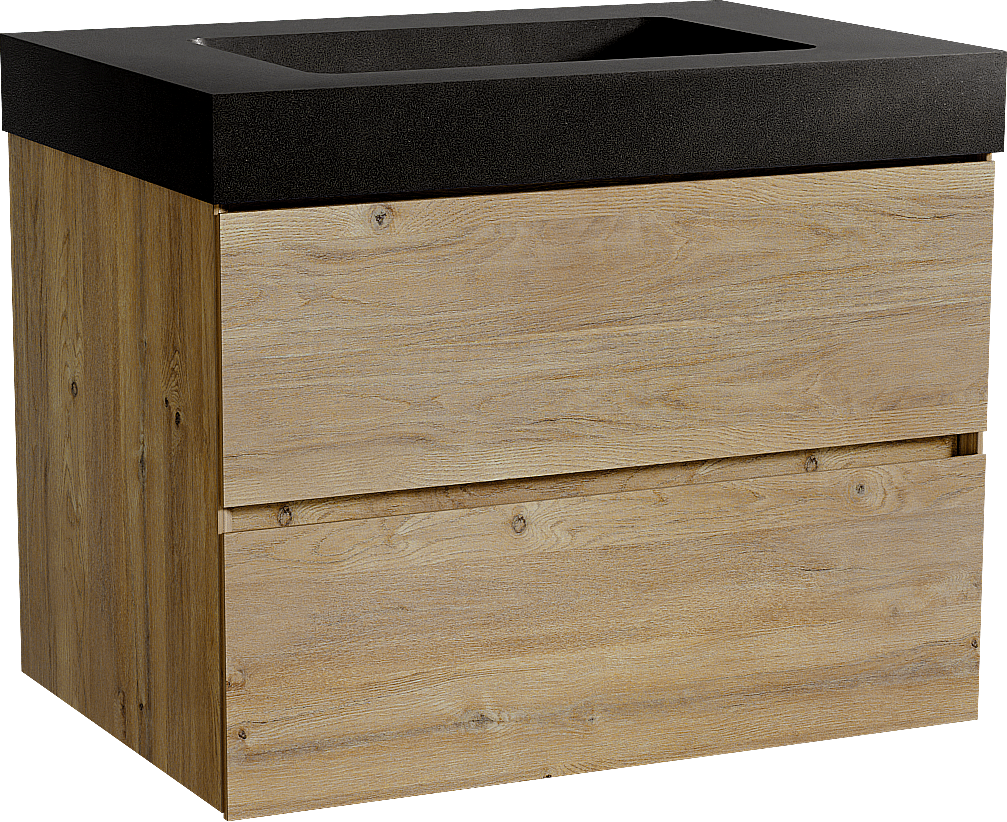 Storke Edge meuble salle de bains suspendu 75 x 52 cm chêne brut avec Scuro High plan simple en quartz noir mat