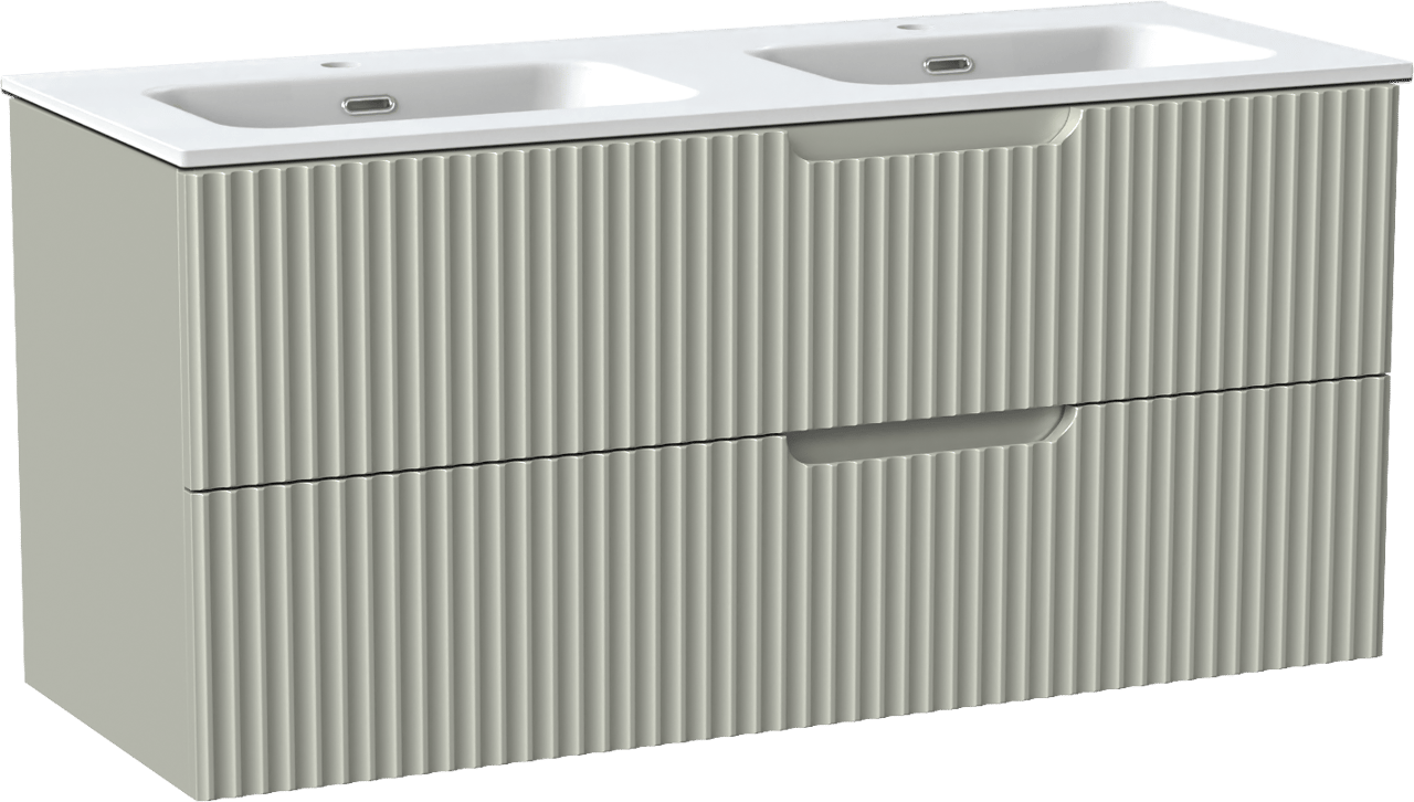 Linie Ribbo meuble salle de bains suspendu 120 x 46 cm greige avec Baro double vasque en porcelaine blanc mat, Nervure circulaire symétrique verticale
