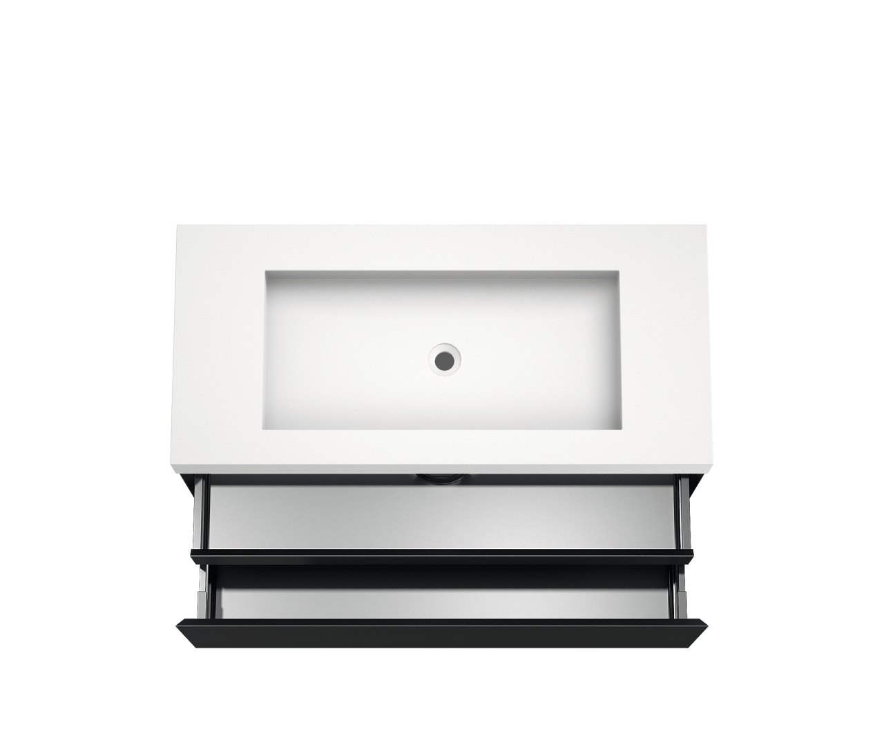Balmani Idra hängendes Möbelstück Set: 120 x 55 cm, Schwarz matt, mit Modus Einzelwaschtisch für 2 Armaturenlöcher, Solid Surface Weiß matt