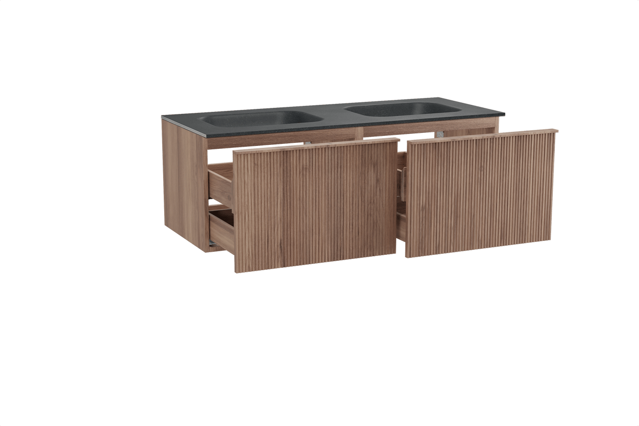 Balmani Forma zwevend badkamermeubel 135 x 55 cm teak met Tablo Arcato dubbele wastafel in graniet zwart, Verticale symmetrische rechte ribbel