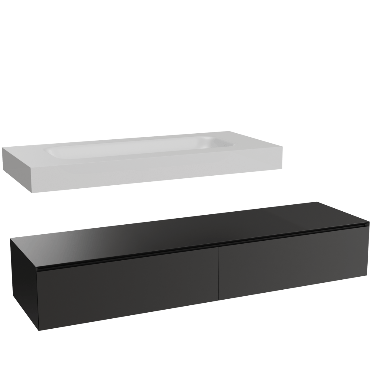 Balmani Mitra Elements hängendes Möbelstück Set: 180 x 55 cm, Schwarz matt mit Arcato Einzelwaschtisch für 2 Armaturenlöcher 120 cm, Solid Surface Weiß matt