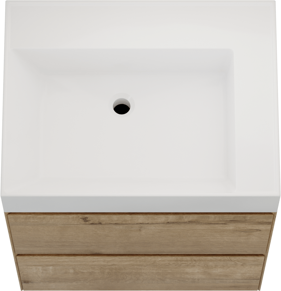 Balmani Mitra Compact zwevend badkamermeubel 60 x 46 cm ruwe eik met Argila asymmetrisch linkse wastafel composietmarmer glanzend wit