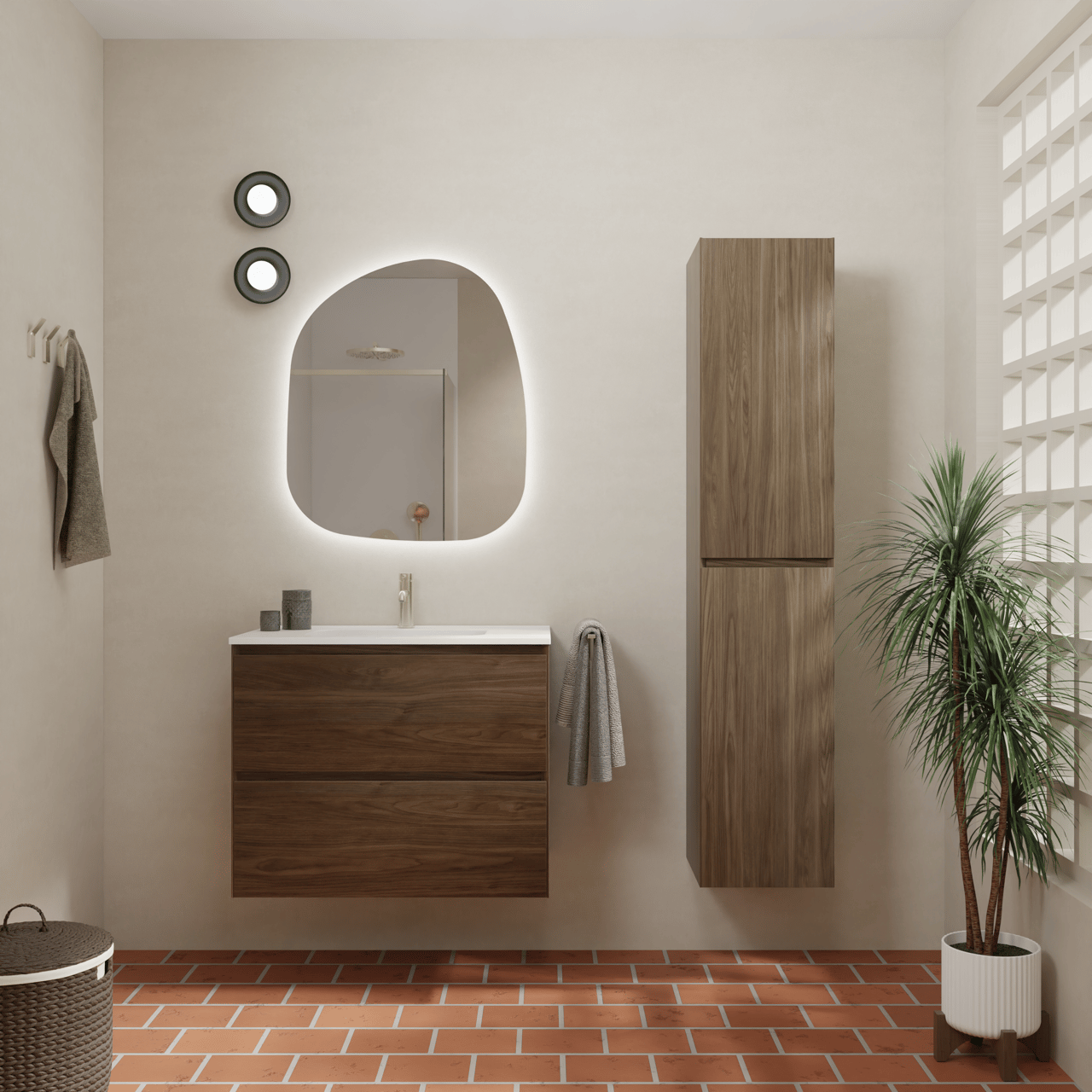 Balmani Mitra Compact zwevend badkamermeubel 80 x 46 cm Amerikaanse notelaar met Nostra enkele wastafel in porselein mat wit