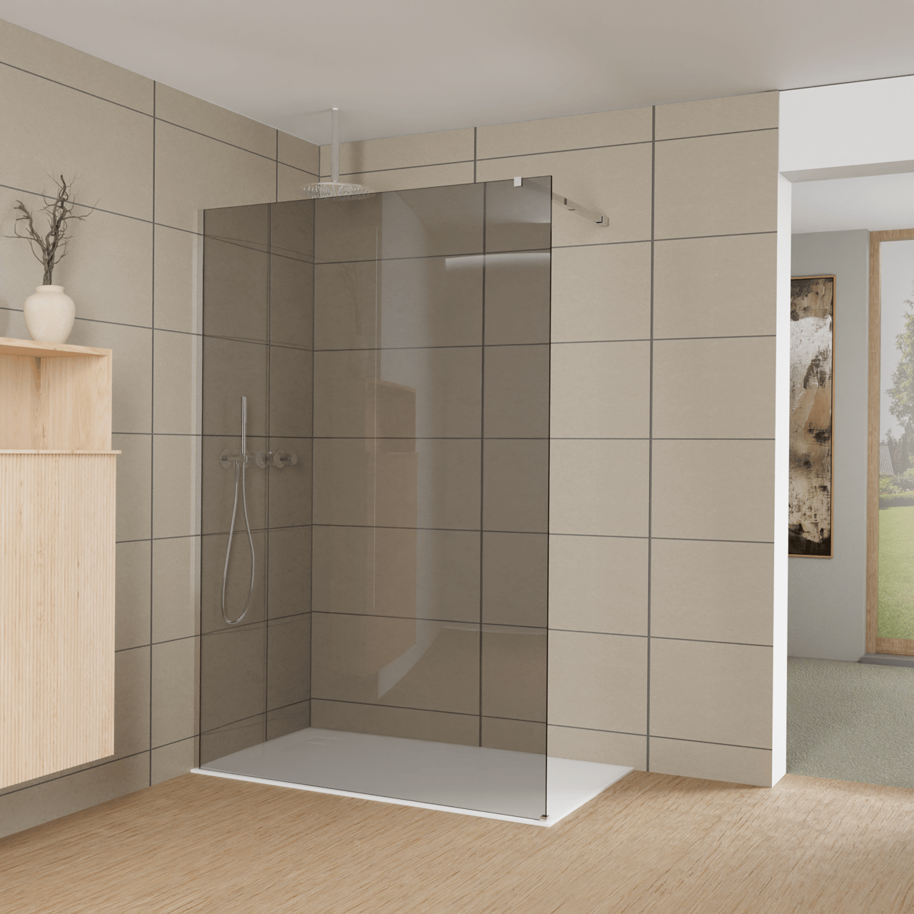 Balmani Modular inloopdouche: 140 x 200 cm, Rookglas, Glanzend chroom profielen