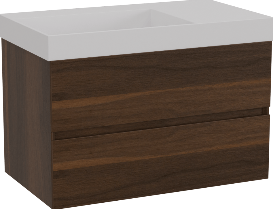 Storke Edge hängendes Möbelstück Set: 80 x 46 cm, Nussbaum, mit Jura Waschtisch links, Solid Surface Weiß matt