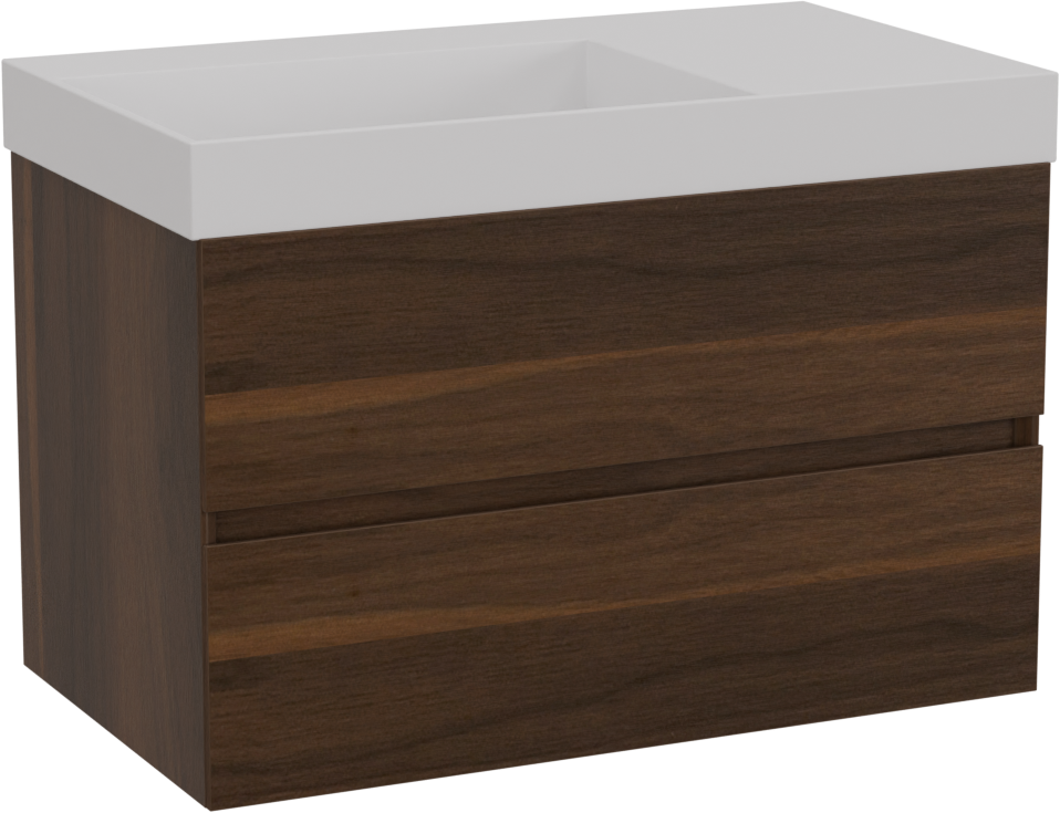 Storke Edge meuble salle de bains suspendu 80 x 46 cm noyer avec Jura vasque asymétrique gauche en solid surface blanc mat