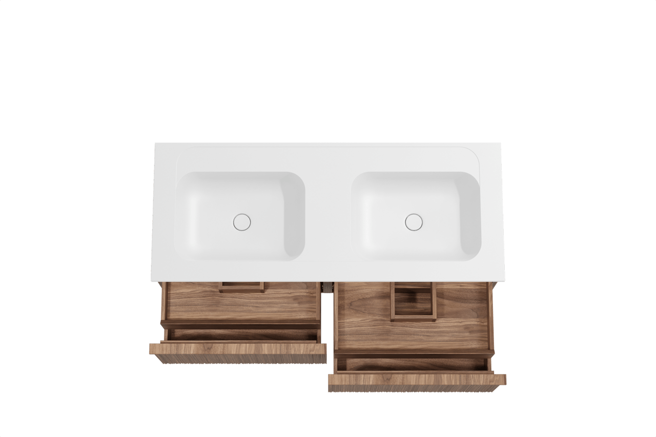 Balmani Forma hängendes Möbelstück Set: 135 x 55 cm, Amerikanischer Nussbaum, mit Tablo Strada Doppelwaschtisch, Marmorkomposit, Weiß matt, Vertikale asymmetrische Runde Rippe