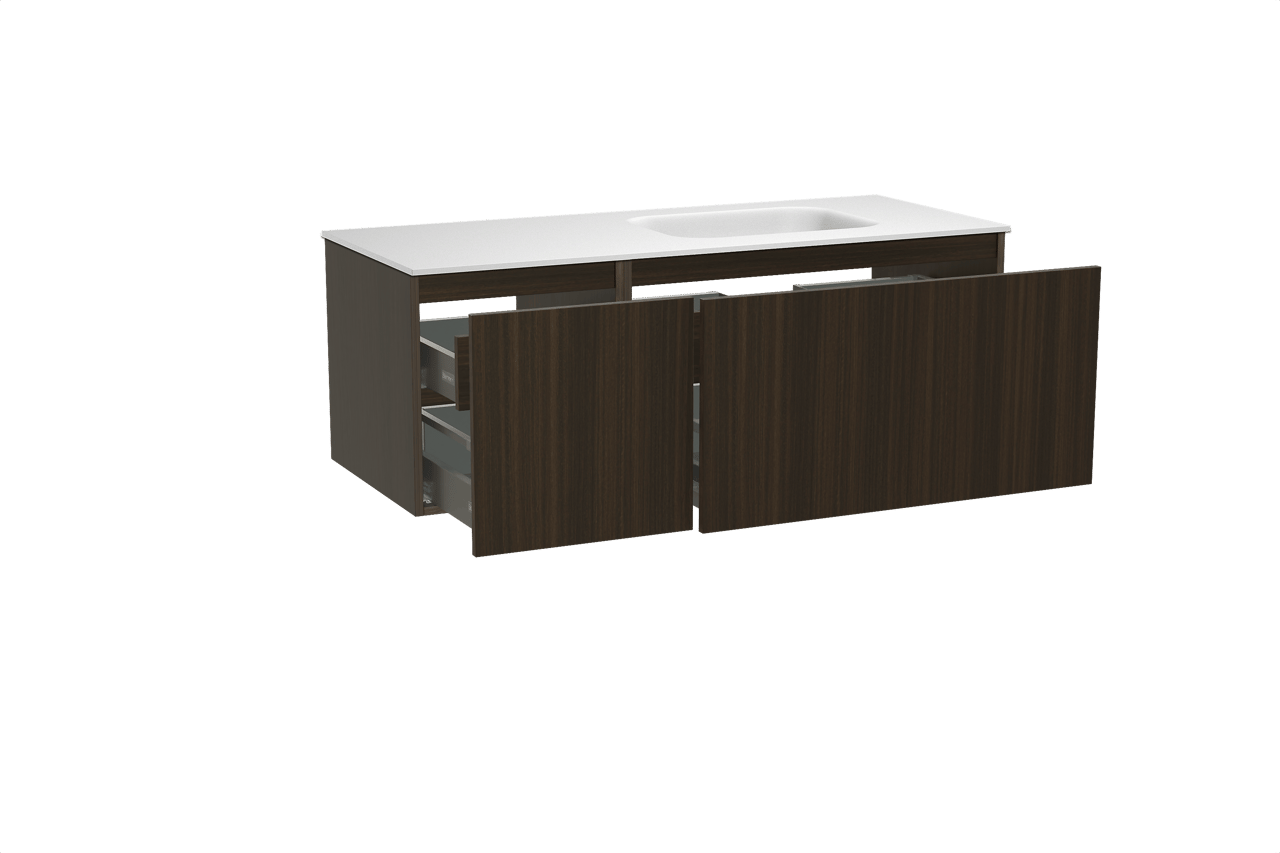 Balmani Sfera meuble salle de bains suspendu 135 x 55 cm eucalyptus avec Tablo Arcato plan vasque asymétrique à droite en solid surface blanc mat