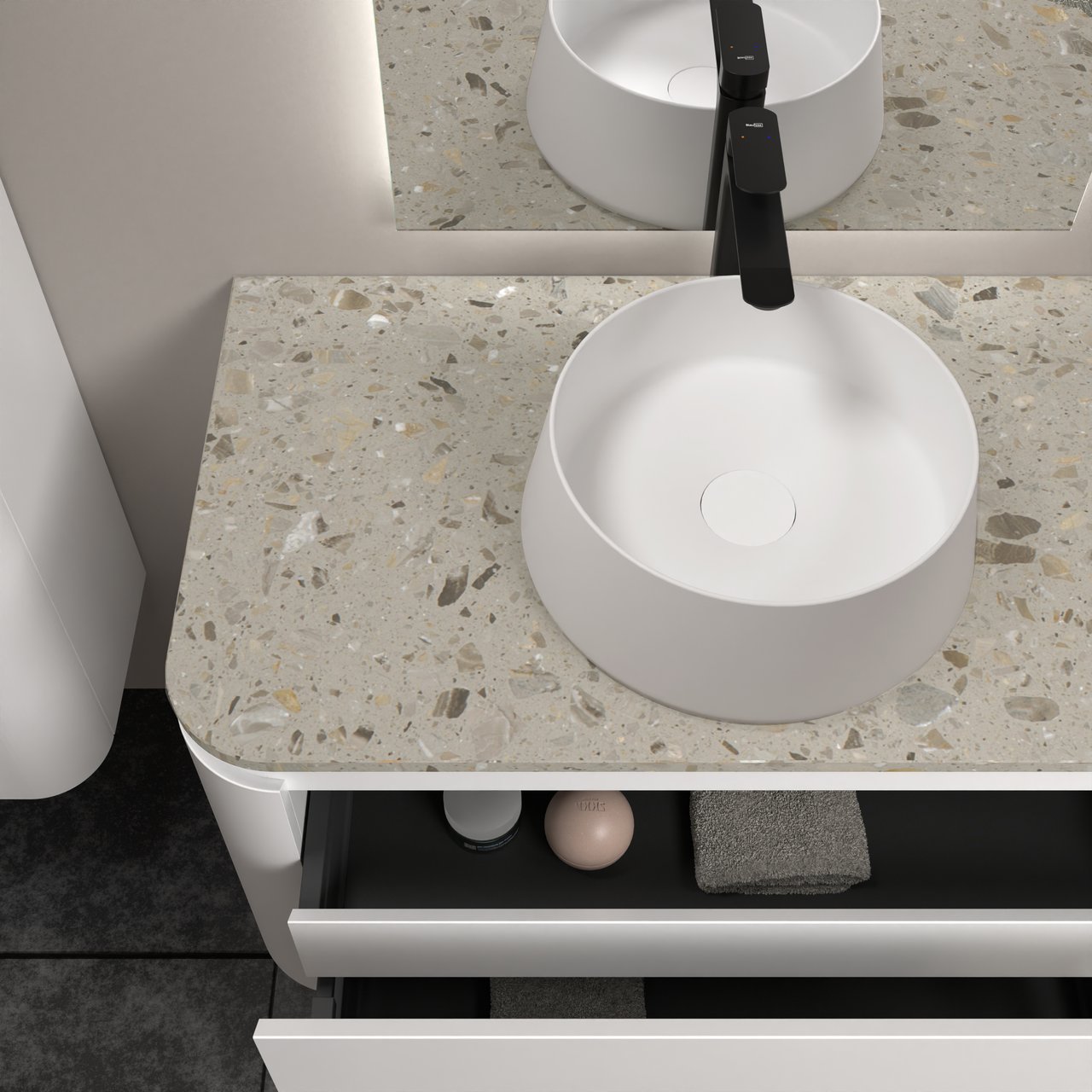 Balmani Moon zwevend badmeubel 130 x 55 cm mat wit met Moon enkel of dubbel wastafelblad in terrazzo greige terrazzo