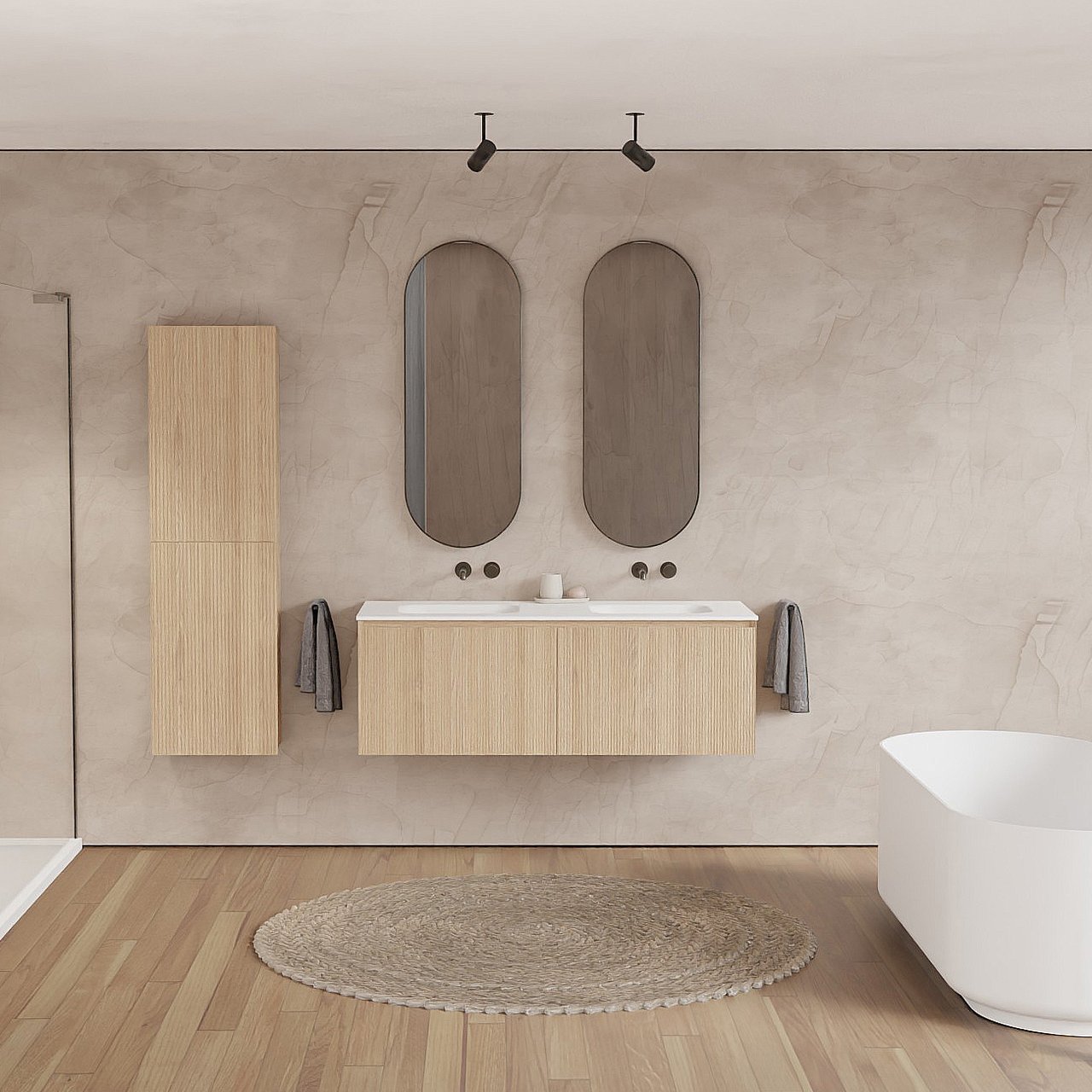 Balmani Fila zwevend badkamermeubel 135 x 55 cm natuur eik met Tablo Arcato dubbele wastafel in solid surface mat wit, Verticale symmetrische rechte ribbel