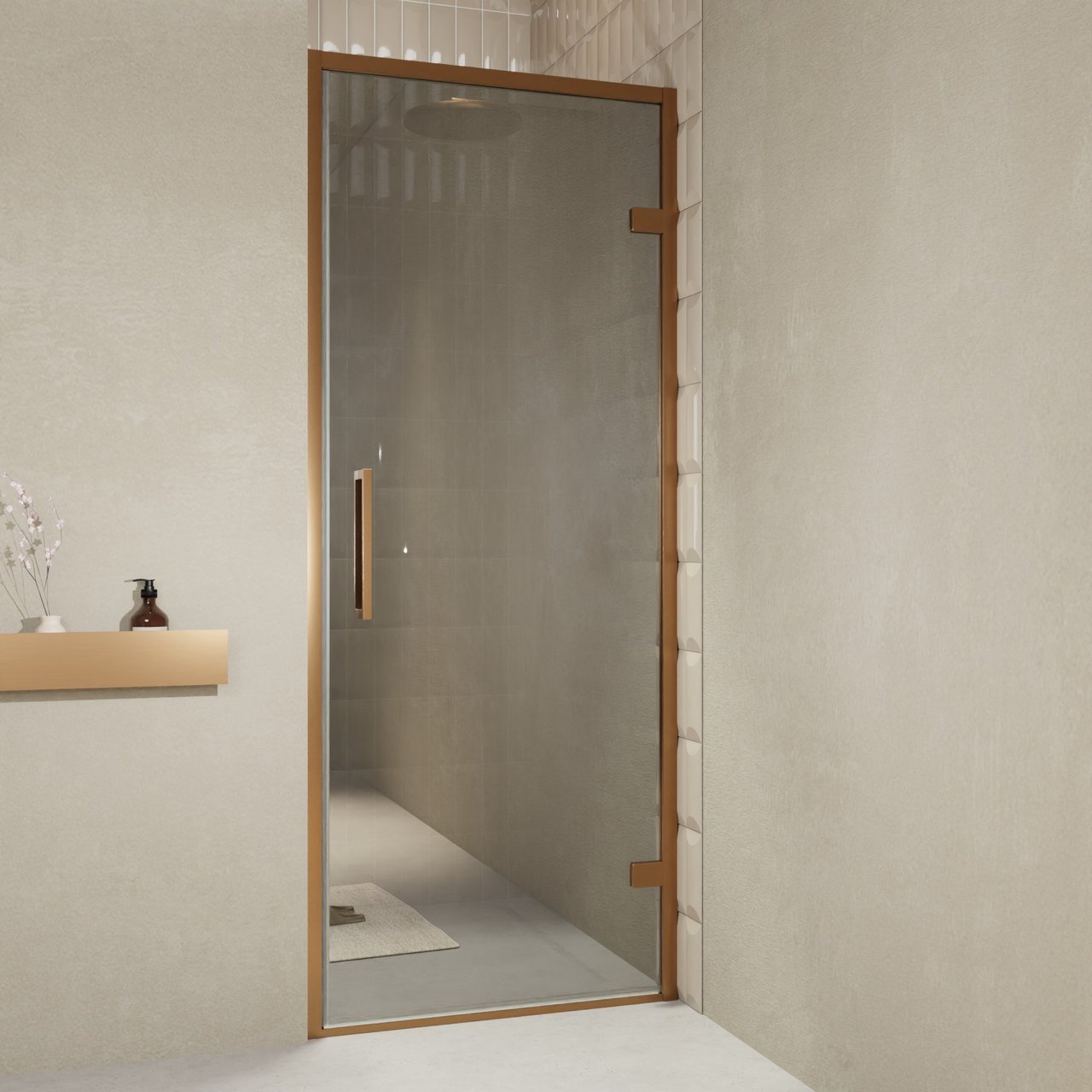 Balmani Senses Design porte pivotante à droite 90 cm x 210 cm verre Miroir Reflex, Profil Brushed Rosegold, coating inclus