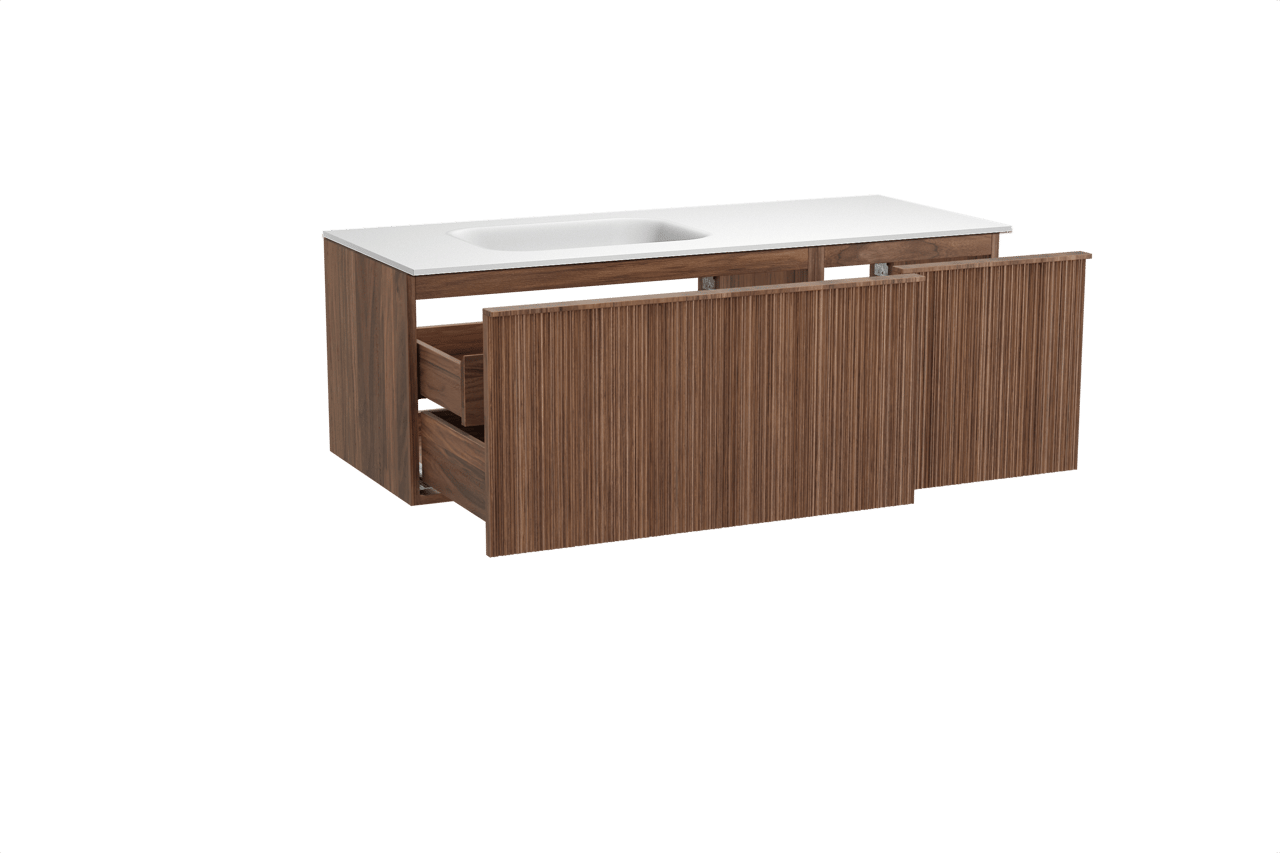 Balmani Forma hängendes Möbelstück Set: 135 x 55 cm, Amerikanischer Nussbaum, mit Tablo Arcato Waschtisch links, Solid Surface, Weiß matt, Vertikale asymmetrische Runde Rippe