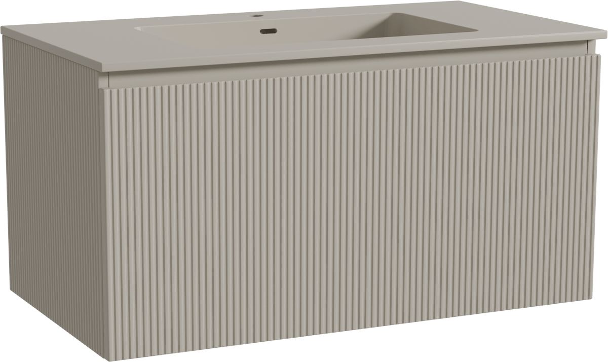 Storke Ribs zwevend badmeubel 95 x 52 cm zijdegrijs met Diva enkele wastafel in top solid zijdegrijs, Verticale symmetrische rechte ribbel