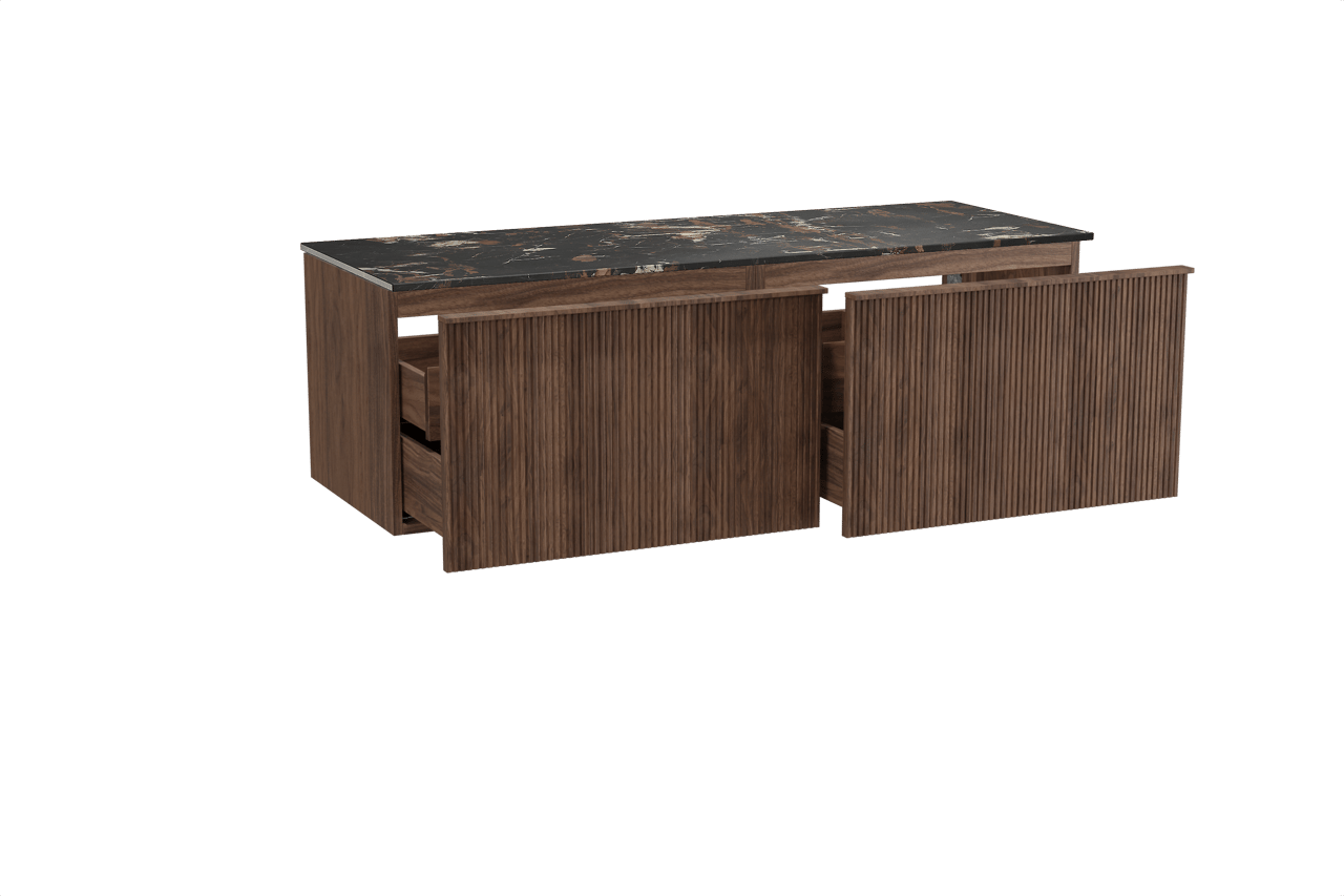 Balmani Forma zwevend badkamermeubel 150 x 55 cm amerikaanse notelaar met Stretto enkel of dubbel tablet in marmer portoro gold, Verticale symmetrische rechte ribbel