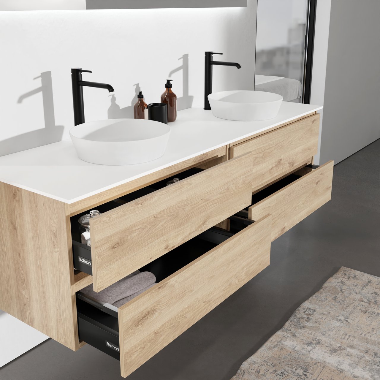 Balmani Lucida meuble salle de bains suspendu 180 x 55 cm chêne brut avec Stretto tablette simple ou double en solid surface blanc mat