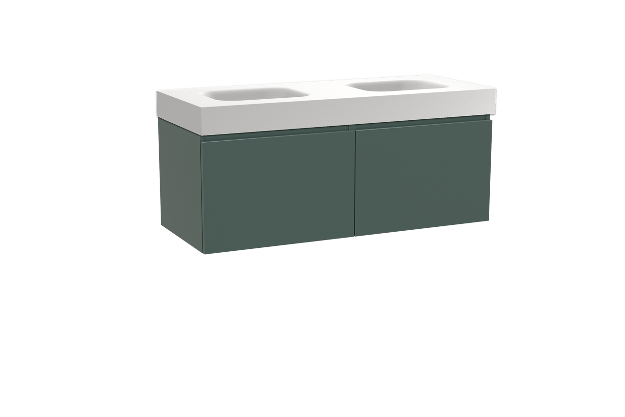 Balmani Sfera zwevend badkamermeubel 135 x 55 cm forest met Arcato dubbele wastafel in solid surface mat wit